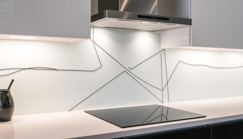 A beautifully crafted glass backsplash with a modern, minimalist design. The glass surface has a soft, matte finish, creating a sleek and sophisticated look. The backsplash is illuminated with a gentle, diffused lighting, casting a warm, ambient glow throughout the kitchen. The design features a striking, abstract pattern composed of clean, geometric shapes and lines, offering a visually striking and contemporary aesthetic. The backsplash is seamlessly integrated into the kitchen's overall design, complementing the cabinetry, countertops, and other design elements. The composition captures the essence of customizable and creative glass backsplash design, showcasing the endless possibilities for personalized kitchen style.