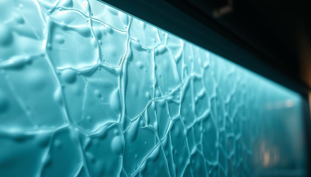 A close-up view of the intricate surface structures on a glass backsplash, showcasing the interplay of light and texture. The glass surface appears segmented, with subtle variations in depth and transparency creating a mesmerizing pattern. Soft, diffused lighting from the side gently highlights the dimensional qualities, casting faint shadows that accentuate the depth and contours. The overall effect is one of refined elegance and a tactile, almost sculptural quality, highlighting the material properties of high-quality glass as a premium kitchen surface option.