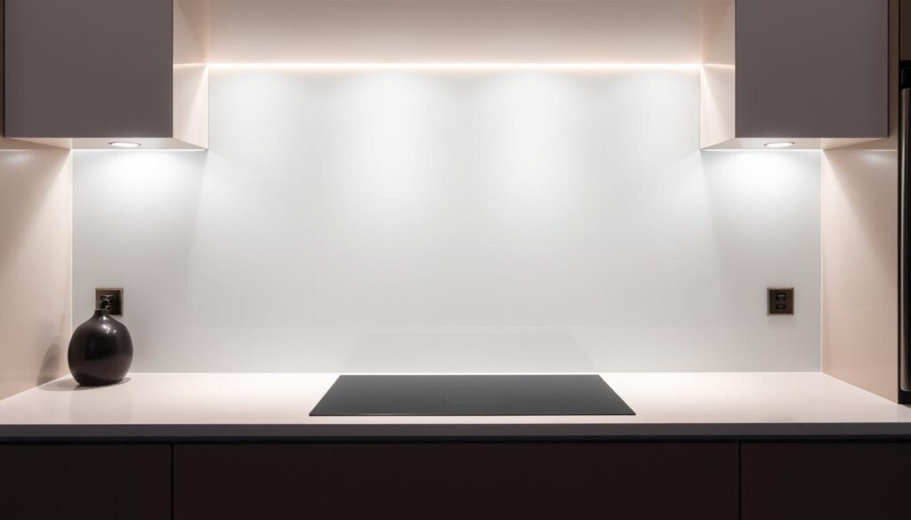 A custom-designed glass kitchen backsplash with a sleek, minimalist aesthetic. The backsplash features a clean, seamless surface with a subtle, matte finish that complements the kitchen's overall modern, high-end design. Strategically placed lighting casts a warm, soft glow that highlights the backsplash's smooth texture and depth. The backsplash extends from the countertop to the ceiling, creating a cohesive, visually striking focal point that effortlessly integrates with the surrounding cabinetry and appliances. The overall effect is a refined, personalized kitchen space that showcases the beauty of custom-crafted glass design.