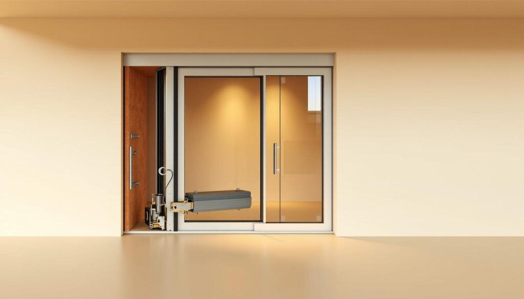 A detailed cutaway diagram of a sliding door system, revealing its inner workings. The foreground shows the sliding mechanism, including the track, rollers, and locking mechanism. The middle ground depicts the frame, glazing, and sealing elements. The background showcases the wall construction, including the cavity that houses the sliding system. Warm, neutral lighting illuminates the composition, emphasizing the technical aspects and materials. The perspective is slightly elevated, providing an unobstructed view of the system's components. The mood is one of precision engineering and functional elegance.