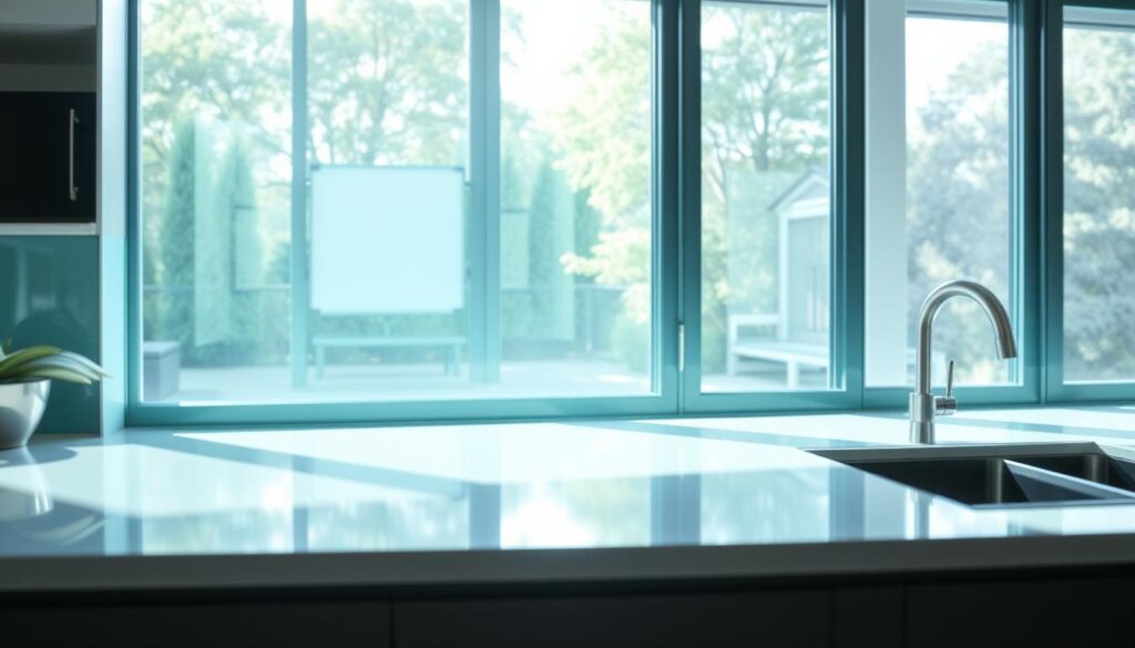 A high-quality glass backsplash in a modern kitchen, illuminated by natural daylight filtering through large windows. The glass surface displays a stunning clarity, reflecting the surrounding cabinetry and appliances. The backsplash seamlessly blends into the kitchen design, creating a clean, minimalist aesthetic. The glass material appears smooth, durable, and easy to maintain, showcasing its practical benefits for kitchen use. Subtle highlights and reflections accentuate the glass's sleek, reflective properties, drawing the viewer's attention to its quality and versatility as a kitchen design element.