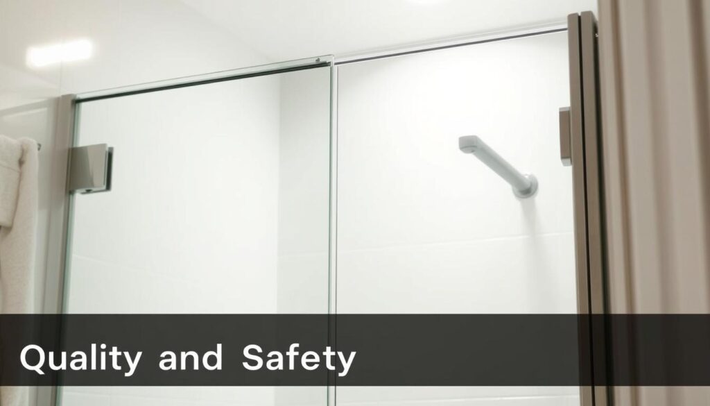 A high-quality, tempered glass shower enclosure with a sleek, frameless design. The glass panels are thick and sturdy, ensuring safety and durability. Bright, diffused lighting illuminates the scene, creating a modern, minimalist aesthetic. The enclosure is seamlessly integrated into the surrounding bathroom, with smooth, clean lines and a polished, reflective surface. Sturdy, stainless-steel hardware secures the glass panels in place, contributing to the overall sense of quality and reliability. The scene conveys a sense of luxury, sophistication, and attention to detail, perfectly reflecting the &amp;amp;quot;Quality and Safety&amp;amp;quot; theme of the article section.