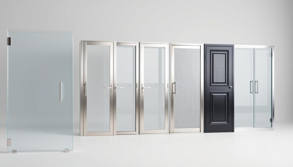 A high-quality, well-lit studio shot of an array of diverse shower door designs, showcasing a range of styles from frameless and minimalist to classic and ornate. The foreground features a close-up of a sleek, frameless glass door with clean lines and a modern aesthetic. In the middle ground, a selection of traditional framed doors in various finishes, such as brushed nickel and matte black, demonstrate the versatility of shower door design. The background contains a subtle, neutral backdrop that allows the doors to be the focal point, captured from a slightly elevated, angled perspective to emphasize their sculptural qualities and highlight the attention to detail in the craftsmanship.