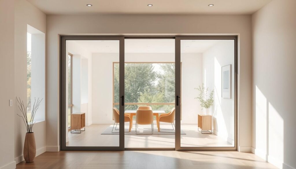 A modern, custom-made glass sliding door set against a bright, airy interior. Clean, minimalist lines in a sleek, frameless design, accentuated by precise, high-quality craftsmanship. The door's smooth, effortless glide creates a seamless transition, blending indoor and outdoor spaces. Soft, natural lighting filters through the translucent panes, imbuing the scene with a serene, inviting ambiance. The door's tailored dimensions harmonize perfectly with the surrounding architecture, offering a bespoke, personalized solution for the space. A showcase of thoughtful, made-to-measure ingenuity that elevates the everyday.