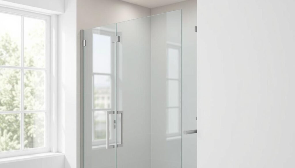 A modern glass shower door with a sleek, minimalist design. The door features a frameless construction, with clean lines and a seamless, uninterrupted silhouette. The glass panel is tempered and treated with a water-repellent coating, reflecting the latest advancements in shower door technology. Subtle chrome or brushed metal hardware accents the design, adding a touch of sophistication. The door is strategically positioned in a well-lit, airy bathroom setting, with natural light streaming in from large windows. The overall atmosphere is one of understated elegance and effortless functionality, showcasing the innovative engineering that defines contemporary shower door solutions.
