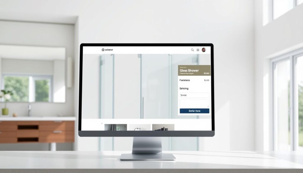 A modern, minimalist online shopping interface for a glass shower enclosure company. In the foreground, a desktop computer display shows a clean, intuitive web design with product images, pricing, and a simple ordering process. The middle ground features a stylish, frameless glass shower door, its reflective surface casting a soft glow. The background depicts a bright, airy bathroom setting with natural light filtering through large windows, accentuating the elegance of the glass shower solution. The overall mood is one of seamless, high-quality online purchase experience matched by the premium quality of the physical product.