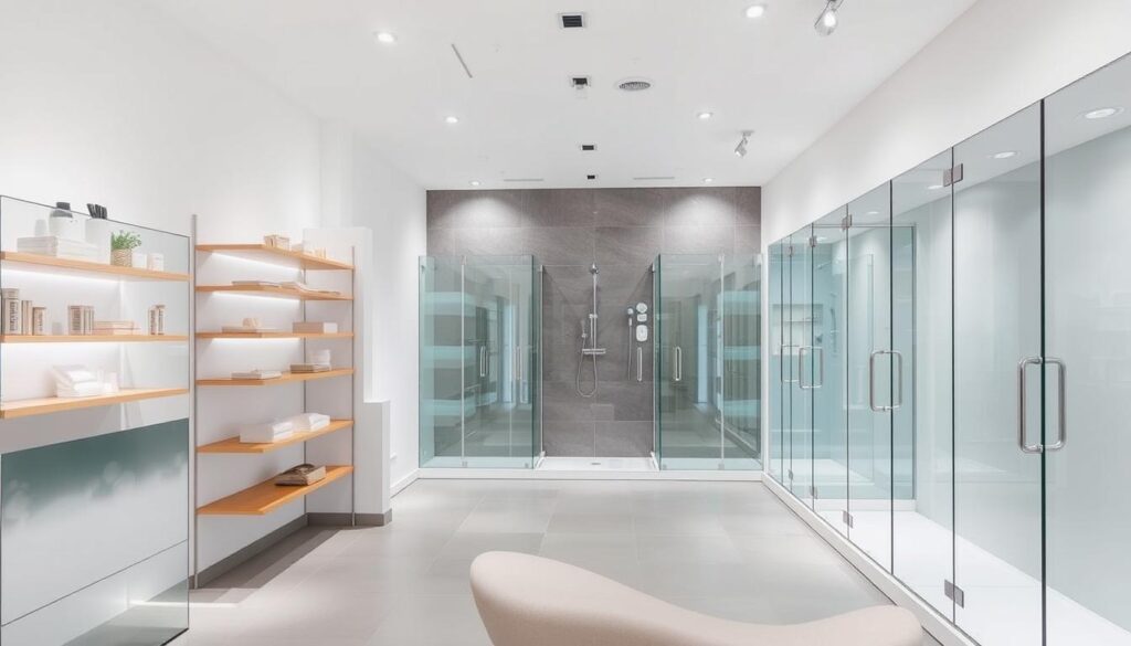 A modern, well-lit showroom displaying a diverse range of glass shower enclosures. The sleek, minimalist design of the frameless glass panels and sliding doors is accentuated by the clean, bright lighting. The shelves and displays showcase a variety of finishes, from clear to frosted and tinted glass, highlighting the versatility and customizability of the products. The layout is spacious and inviting, allowing the viewer to visualize the products in a high-end, contemporary bathroom setting. The overall atmosphere evokes a sense of luxury, functionality, and design excellence, reflecting the premium quality of the "Glasduschen Sortiment" on offer.