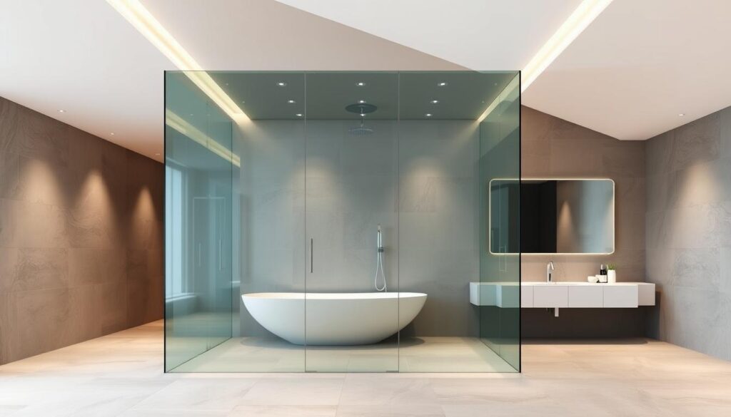 A sleek, modern bathroom interior with a large, frameless glass shower enclosure as the central focus. The shower wall is made of clear, tempered glass that seamlessly blends with the tiled floor and walls, creating a spacious, open-concept layout. Soft, diffused lighting from recessed ceiling fixtures casts a warm, inviting glow throughout the space. The glass shower panels are free of any visible hardware or fixtures, giving the impression of a seamless, floating design. The bathroom features high-end fixtures, such as a rainfall showerhead and a minimalist sink vanity, complementing the modern aesthetic. The overall atmosphere conveys a sense of luxury, cleanliness, and effortless functionality.