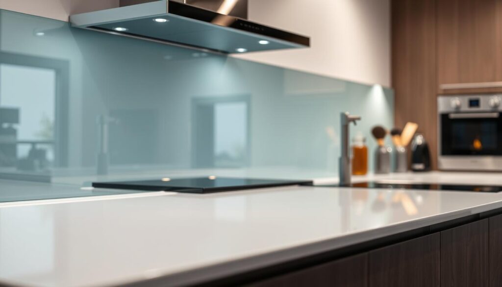 A sleek, modern glass backsplash fills the frame, its smooth surface gleaming under carefully positioned lighting. The glass appears seamless, with clean edges and a flawless, streak-free finish. In the background, a well-organized kitchen space comes into view, hinting at the functionality and practicality of this Spritzschutz Glasrückwand. The lighting casts a warm, inviting glow, creating a sense of depth and dimension. The glass backsplash dominates the composition, its transparency allowing the kitchen's design elements to shine through, while also providing a durable, easy-to-clean surface that protects the walls from splashes and stains. This Spritzschutz Glasrückwand is the perfect blend of form and function, elevating the kitchen's aesthetics while enhancing its usability.