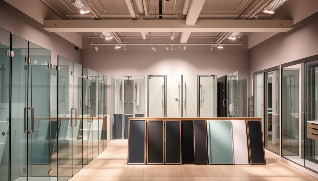 A spacious, well-lit showroom displaying a comprehensive range of modern, sleek shower enclosures. The foreground showcases various glass panels, from minimalist frameless designs to elegant framed options, all reflecting an abundance of natural light. In the middle ground, an array of shower doors and sliding panels in diverse styles and finishes, including chrome, brushed nickel, and matte black, are neatly organized. The background features a clean, minimalist backdrop, allowing the products to take center stage. The lighting is soft and diffused, creating a warm, welcoming atmosphere that highlights the quality and craftsmanship of the featured shower solutions. An overall sense of sophistication and customization pervades the scene, reflecting the &amp;amp;quot;Großes Sortiment und individuelle Maße&amp;amp;quot; theme.