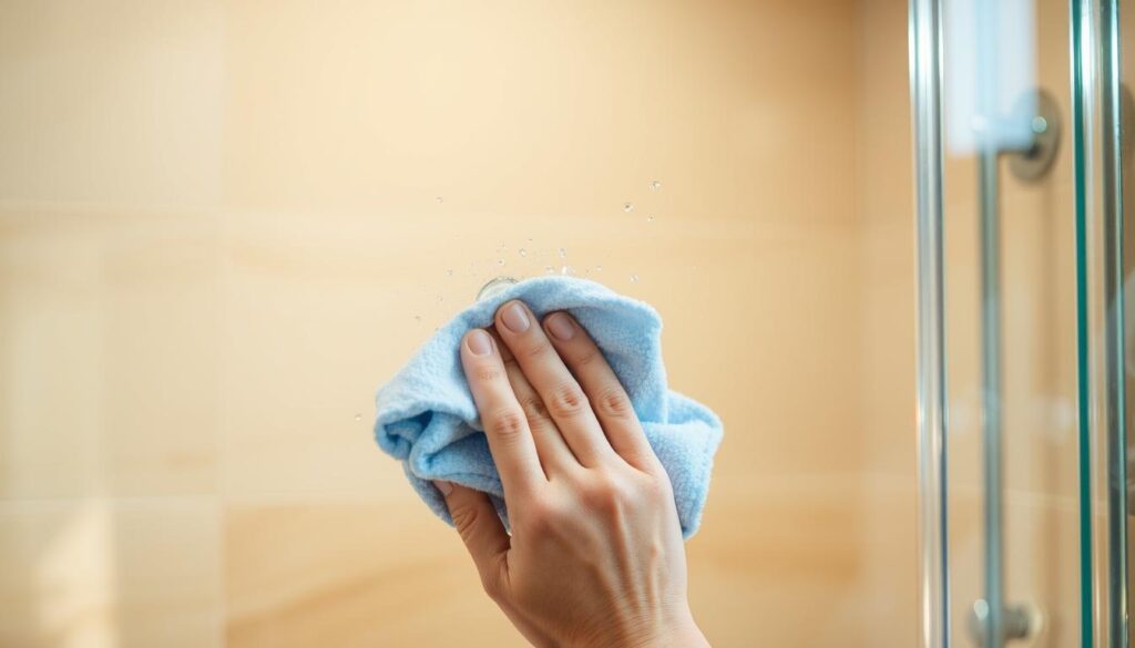 A well-lit, close-up view of a glass shower enclosure being carefully cleaned. The gleaming, transparent surface reflects the bathroom's warm, inviting atmosphere. Delicate yet thorough wiping motions using a microfiber cloth, removing any smudges or water spots to maintain the glass's crystal-clear brilliance. Soft, natural lighting filters in, casting a gentle glow and highlighting the sleek, modern design of the shower walls. The overall scene conveys a sense of meticulous attention to detail and a commitment to preserving the pristine condition of the glass for a safe, secure, and enjoyable shower experience.