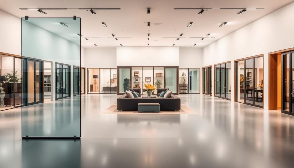 A well-lit, expansive showroom filled with a diverse collection of modern glass sliding doors, showcasing the premium products from Glastuershop24.de. The foreground features a sleek, frameless glass door with a clean, minimalist design, its surface gleaming under the warm, directional lighting. In the middle ground, a variety of door styles are artfully arranged, ranging from traditional framed options to innovative, seamless designs. The background is a crisp, white backdrop, allowing the glass doors to take center stage and highlight their exceptional craftsmanship and attention to detail. The overall atmosphere conveys a sense of sophistication, quality, and the endless possibilities for customizing one's living space with these high-end glass sliding door solutions.