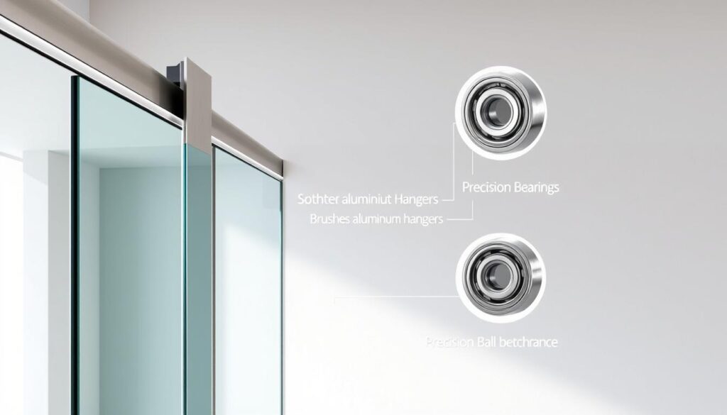 A well-lit, modern glass sliding door system, showcasing a range of premium materials. The foreground features a sleek, frameless glass panel effortlessly gliding along a polished metal track, capturing the smooth, seamless functionality. The middle ground highlights the durable yet discreet hardware components - brushed aluminum hangers, precision ball bearings, and a minimalist locking mechanism, all designed for reliable performance. In the background, a clean, minimalist wall acts as a neutral backdrop, allowing the engineering and craftsmanship of the sliding door system to take center stage. The overall scene conveys a sense of elegant simplicity, reflecting the technical sophistication and premium quality of contemporary sliding door solutions.