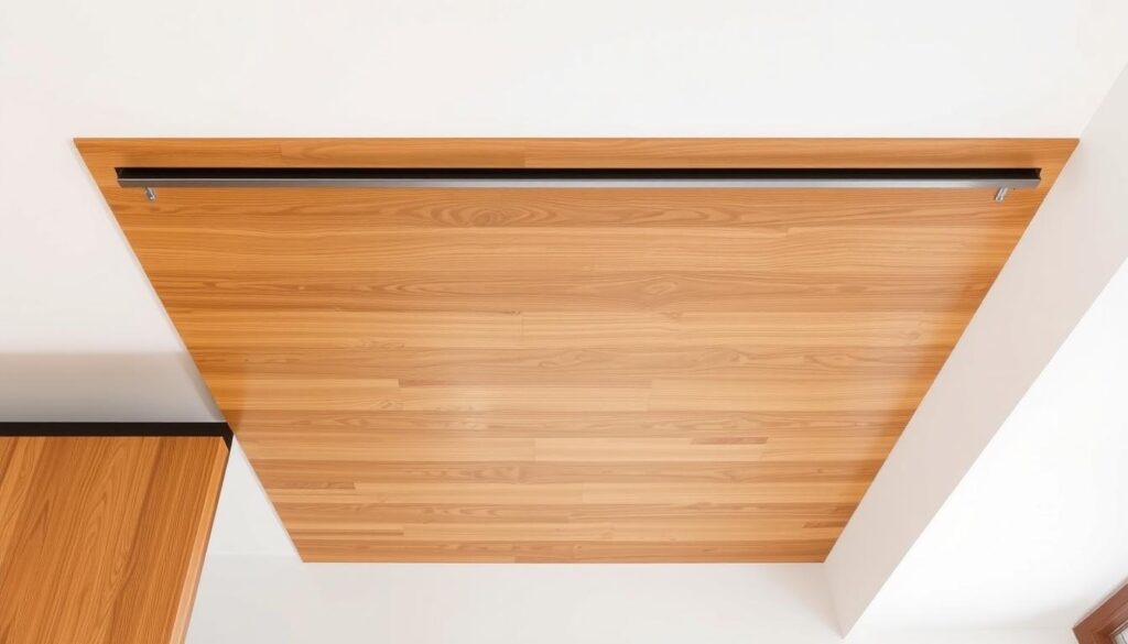Deckenmontierte Holzschiebetür mit elegantem Laufschienensystem Deckenmontierte Holzschiebetür mit elegantem Laufschienensystem