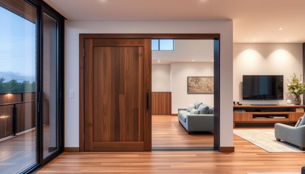 Elegante Holzschiebetür als Blickfang in einem modernen Wohnraum Elegante Holzschiebetür als Blickfang in einem modernen Wohnraum