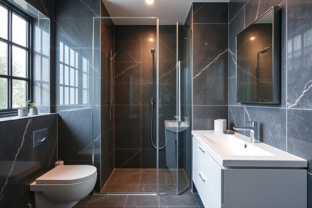 Glastür im Badezimmer mit spezieller Beschichtung gegen Kalkablagerungen Glastür im Badezimmer mit spezieller Beschichtung gegen Kalkablagerungen