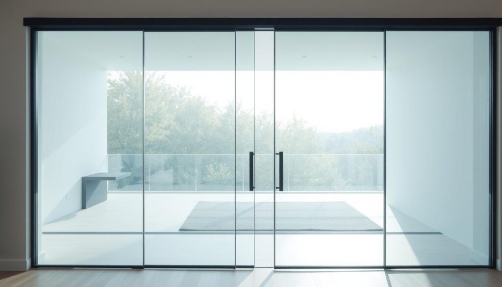 High-quality, detailed interior scene of a glass sliding door with exceptional light transmission, capturing the advantages of glass doors for a home interior. The sliding door is made of clear, tempered glass panels that allow an abundance of natural light to flood the space, creating a bright, airy atmosphere. The glass panels are framed by sleek, minimalist metal hardware in a matte black finish, seamlessly integrated into the design. The camera angle showcases the expansive view through the glass, highlighting the transparency and flow between indoor and outdoor areas. Soft, diffused lighting illuminates the scene, emphasizing the translucent nature of the glass and the sense of openness. The overall mood is one of modern, sophisticated elegance, perfectly suited to illustrate the benefits of glass sliding doors.