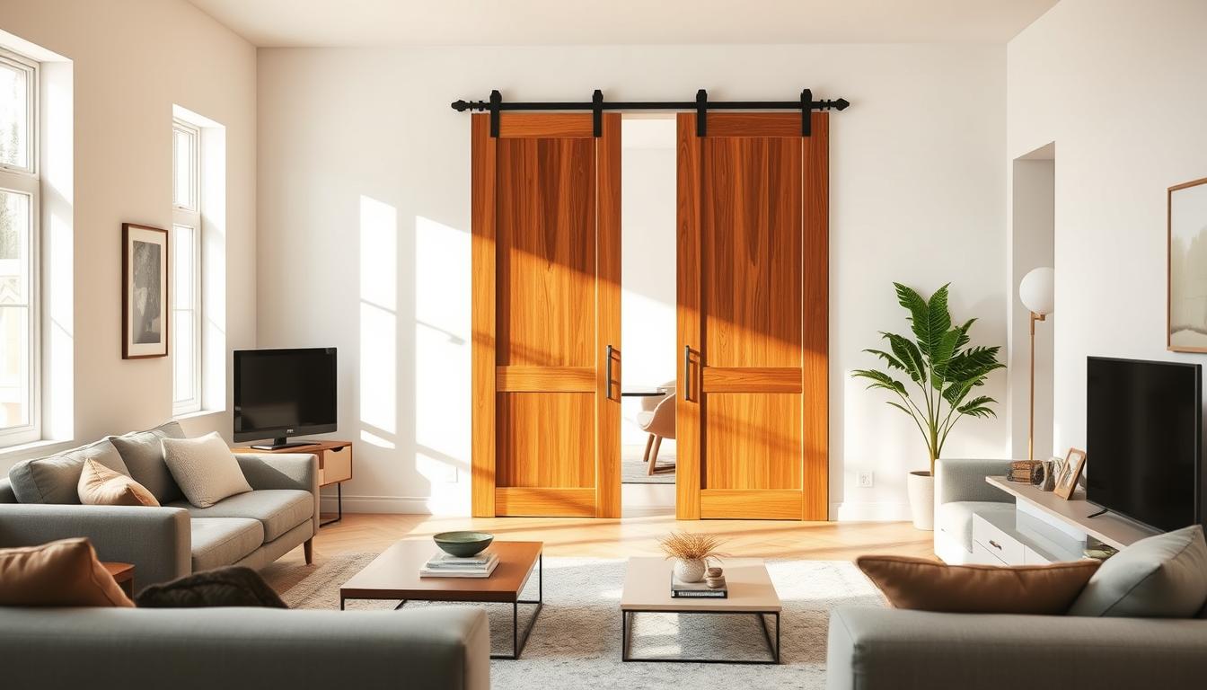 Holzschiebetür in einem modernen Wohnzimmer als Raumteiler