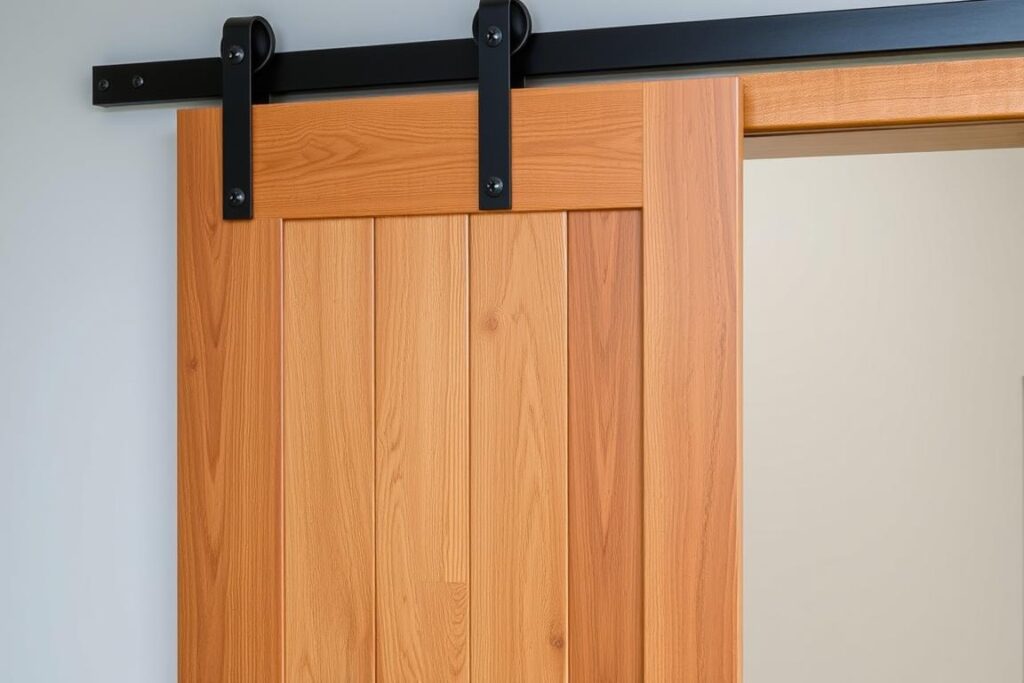Holzschiebetür mit Metallbeschlägen im Industrial-Look Holzschiebetür mit Metallbeschlägen im Industrial-Look