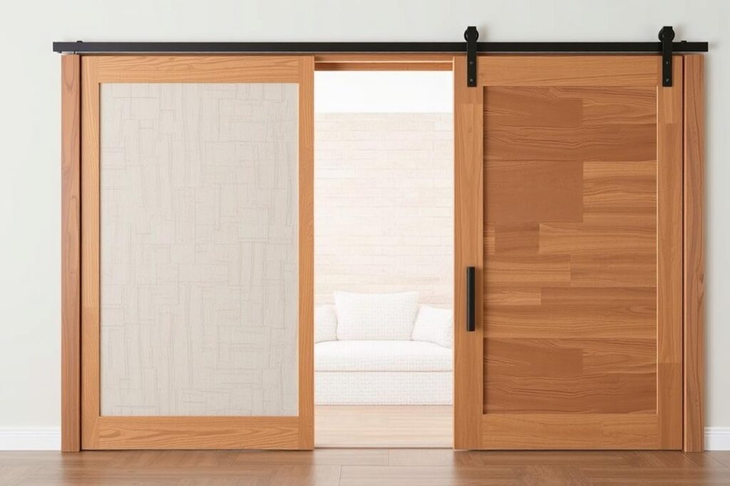 Holzschiebetür mit integrierten Stoffelementen Holzschiebetür mit integrierten Stoffelementen