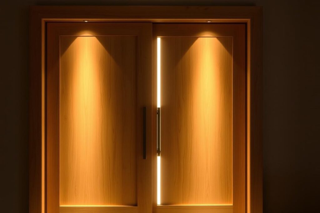 Holzschiebetür mit integrierter Beleuchtung Holzschiebetür mit integrierter Beleuchtung