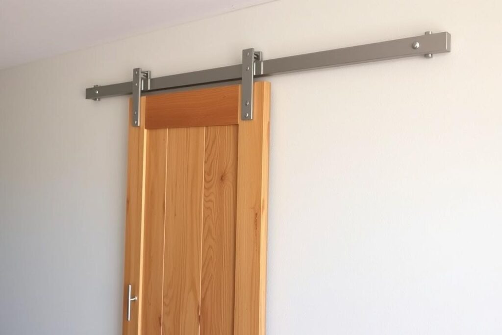 Holzschiebetür vor der Wand laufend mit sichtbarer Schiene Holzschiebetür vor der Wand laufend mit sichtbarer Schiene