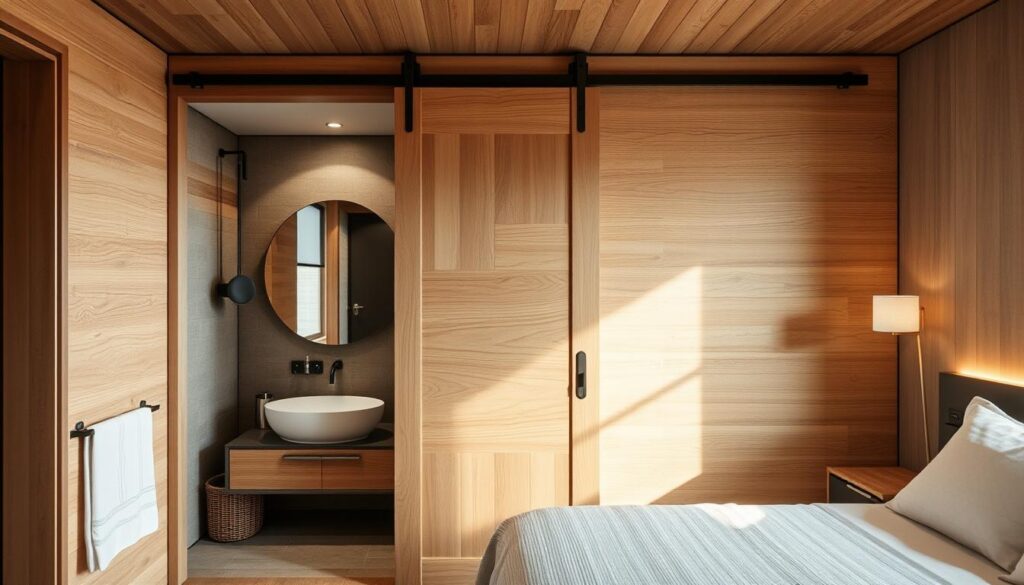 Holzschiebetür zwischen Badezimmer und Schlafzimmer Holzschiebetür zwischen Badezimmer und Schlafzimmer