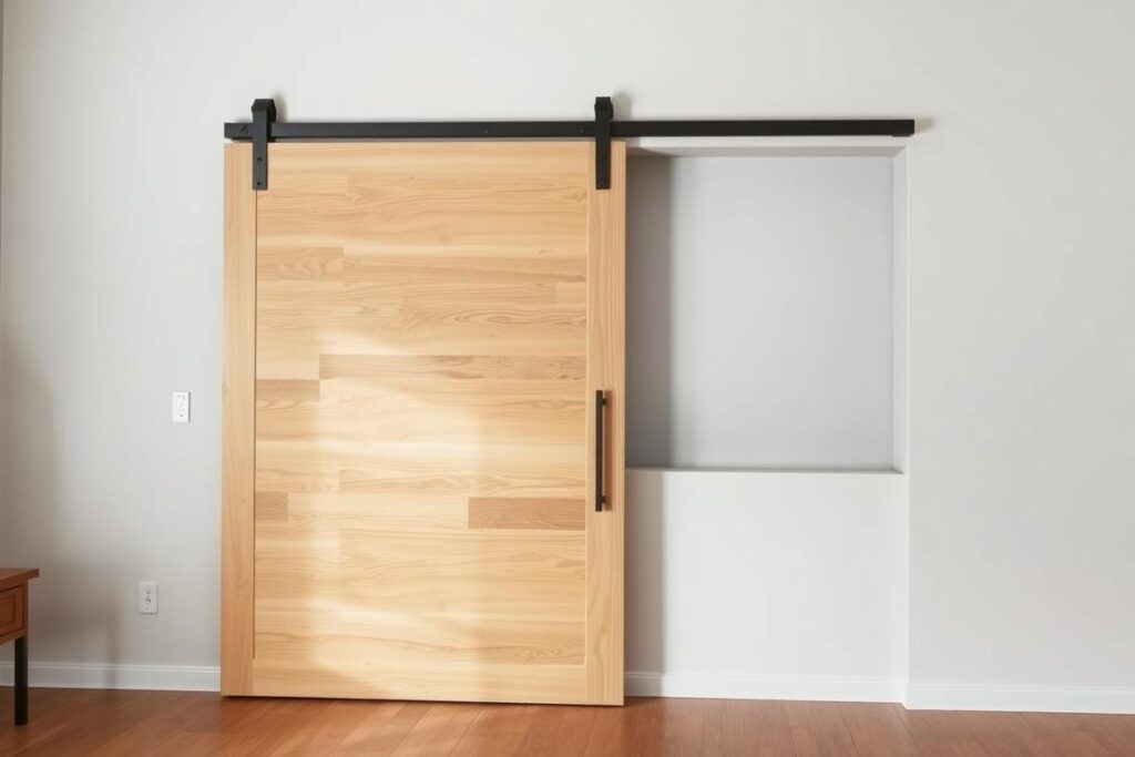 In der Wand laufende Holzschiebetür, teilweise geöffnet In der Wand laufende Holzschiebetür, teilweise geöffnet