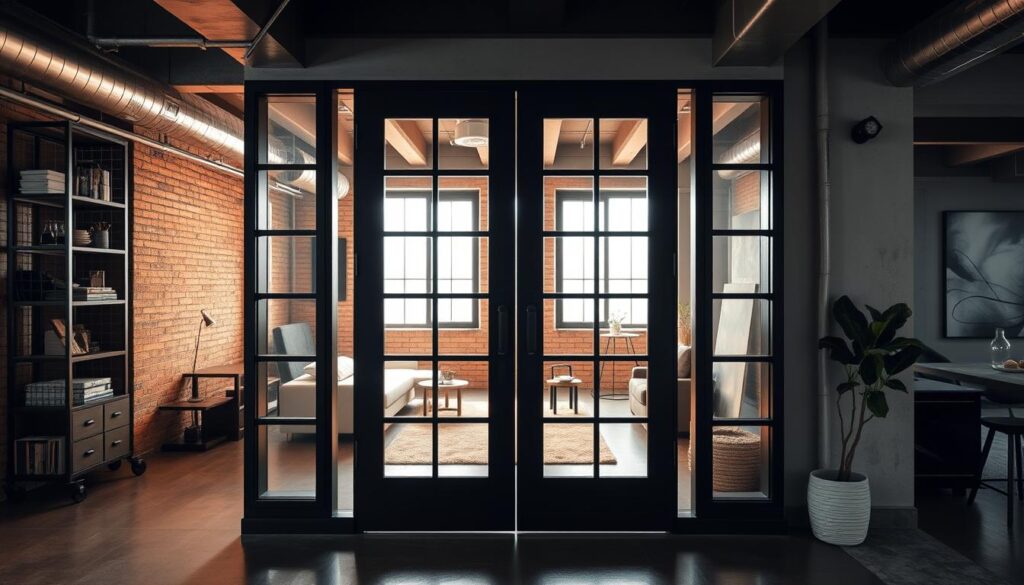 Moderne schwarzgerahmte Glastür im Industrial-Style in einem Loft Moderne schwarzgerahmte Glastür im Industrial-Style in einem Loft