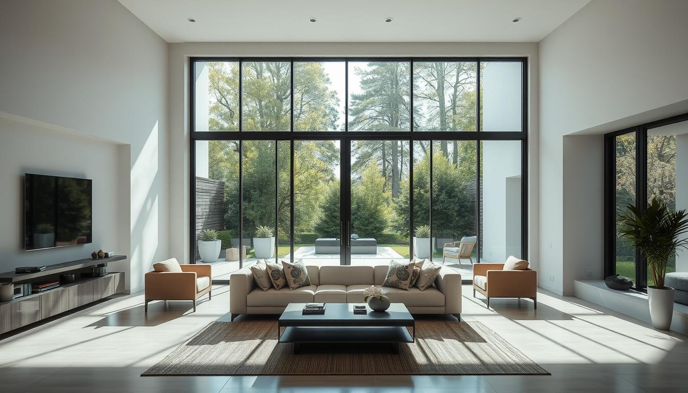Modernes Wohnzimmer mit großer Glastür, die natürliches Licht hereinlässt
