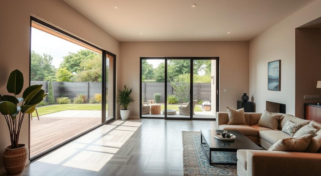 Offenes Wohnkonzept mit großen Glasschiebetüren zwischen Wohnzimmer und Terrasse Offenes Wohnkonzept mit großen Glasschiebetüren zwischen Wohnzimmer und Terrasse