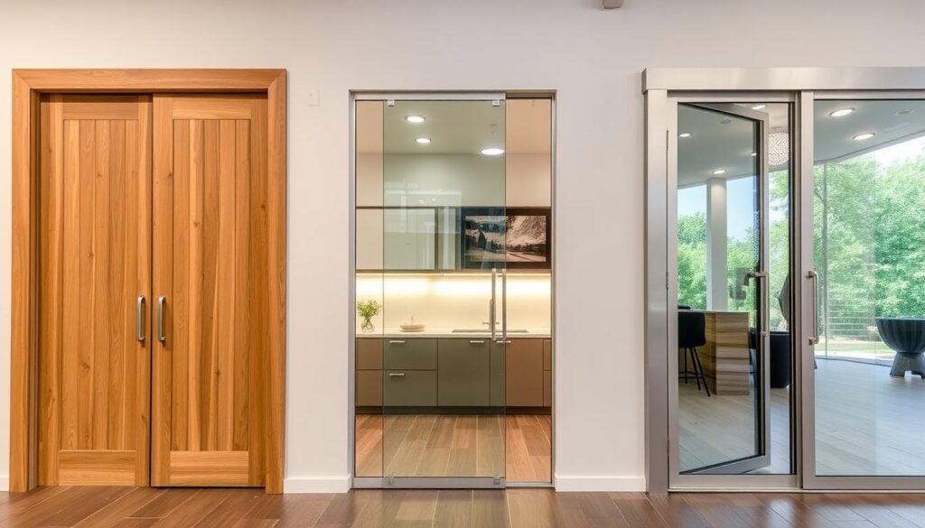 Vergleich zwischen Holz-, Glas- und Aluminiumschiebetüren in einem Showroom Vergleich zwischen Holz-, Glas- und Aluminiumschiebetüren in einem Showroom