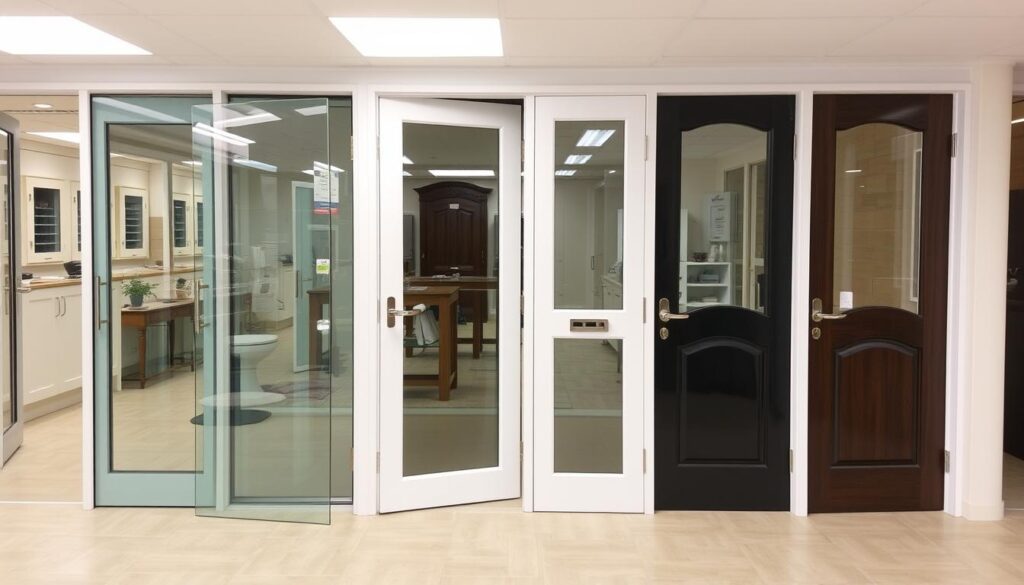 Verschiedene Glastür-Varianten in einem Showroom ausgestellt Verschiedene Glastür-Varianten in einem Showroom ausgestellt