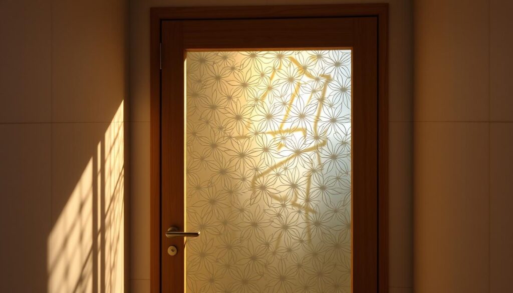 A beautifully crafted glass panel with a meticulously designed "lichtausschnitt" (light cut-out) pattern. The intricate play of light and shadow creates a captivating visual effect, casting a mesmerizing interplay of illumination and shadow throughout the room. The glass surface is seamlessly integrated into a modern, minimalist wooden door frame, creating a harmonious and sophisticated design. Soft, indirect lighting casts a warm, inviting glow, enhancing the natural textures and colors of the materials. The composition is balanced, with the "lichtausschnitt" as the focal point, drawing the eye and inviting further exploration of the space. The overall mood is one of elegant simplicity, highlighting the craftsmanship and attention to detail that Glastürhop24 is known for.