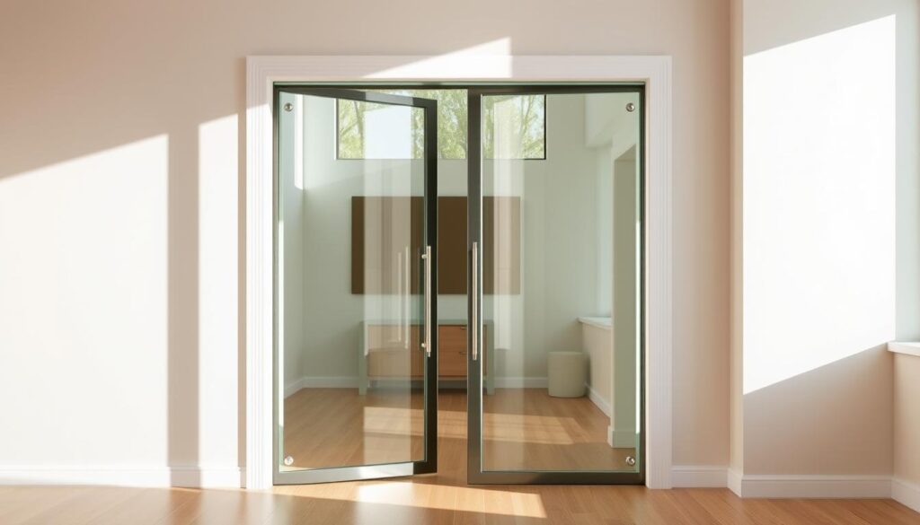 A beautifully crafted glass pendulum door, its elegant silhouette casting a graceful shadow across the sunlit room. The tempered glass panels, seamlessly hinged, appear to float in the air, inviting an effortless passage between spaces. Soft natural light filters through, casting a warm, inviting glow that highlights the door's exquisite craftsmanship. The sleek, minimalist hardware blends seamlessly, drawing the eye to the door's captivating transparency. This pendulum door embodies the perfect balance of form and function, elevating the space with its timeless, sophisticated charm.