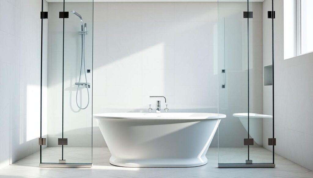 A beautifully crafted shower enclosure embracing a classic freestanding bathtub. The clear glass panels seamlessly integrate, allowing natural light to flood the space and creating an airy, spa-like ambiance. Sleek chrome fittings and minimalist design complement the modern, high-end aesthetic. Captured from a low angle, the composition showcases the elegant lines and proportions of the custom-fitted duschwand, highlighting its perfect integration with the bathtub. Soft, diffused lighting from concealed sources casts a warm, tranquil glow, evoking a sense of relaxation and luxury. The overall scene exudes a harmonious balance of form and function, making it the centerpiece of this dream bathroom.