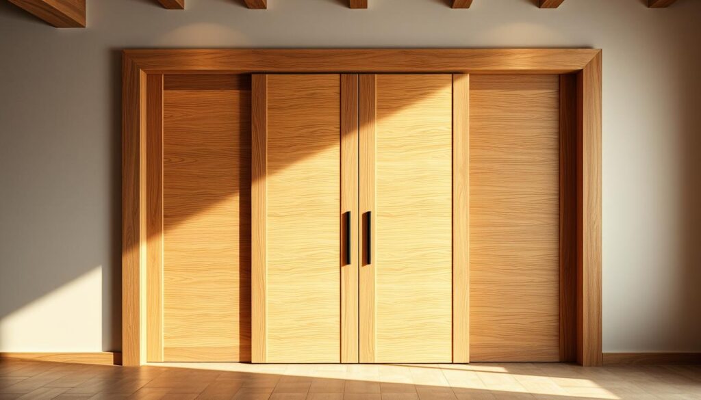 A beautifully crafted sliding wooden door in a warm, rustic setting. The door features a clean, minimalist design with a natural wood grain texture that fills the frame. Soft, indirect lighting illuminates the space, casting gentle shadows and highlighting the door's elegant simplicity. The background is a serene, neutral-toned interior, allowing the door to take center stage. The overall composition conveys a sense of refined elegance and a harmonious blending of form and function, perfectly suited for a custom-made, high-quality wooden sliding door.