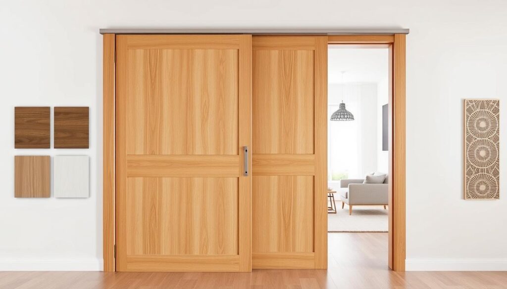 A beautifully crafted, wooden sliding door in a warm, natural hue stands in the foreground, its smooth, clean lines and subtle grain patterns exuding a sense of refined elegance. The midground showcases a variety of decorative options, including sleek, minimalist designs and intricate, textured patterns that add visual interest and personality. In the background, a well-lit, airy room provides the perfect setting, allowing the custom-designed door to take center stage and showcase its versatility in complementing various interior styles. The overall scene radiates a harmonious blend of modern sophistication and rustic charm, perfectly capturing the essence of "Individuelle Holzschiebetür" and the "Design, Dekore und Farben - Ihre Wahl für Stil und Optik" section.