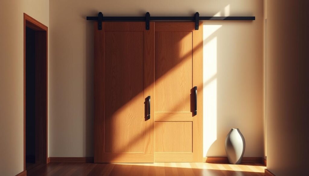 A beautifully crafted wooden sliding door stands proudly in a warm, inviting entryway. Intricate grains and natural textures capture the essence of high-quality craftsmanship. Soft, directional lighting casts a gentle glow, highlighting the door's elegant design and seamless integration with the surrounding architectural elements. The door's sleek, minimalist profile exudes a sense of modern sophistication, while its sturdy construction and smooth sliding mechanism convey a feeling of reliable functionality. The overall scene evokes a sense of tranquility and attention to detail, inviting the viewer to imagine the door as the centerpiece of a harmonious living space.