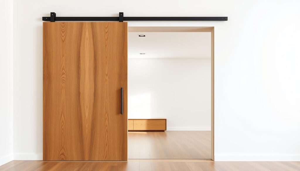 A beautifully crafted wooden sliding door, the grain of the wood shimmering in the soft, diffused lighting. The door is seamlessly integrated into a modern, minimalist interior, its clean lines and neutral color palette creating a harmonious, serene atmosphere. The door's mechanism glides effortlessly, inviting the viewer to imagine the smooth, satisfying motion as it opens and closes. The scene is captured from a slightly elevated angle, showcasing the door's elegant proportions and the thoughtful design details that make it both visually striking and highly functional. This is a perfect illustration of the customizable, high-quality wooden sliding doors that can be expertly planned and configured to suit any interior style.