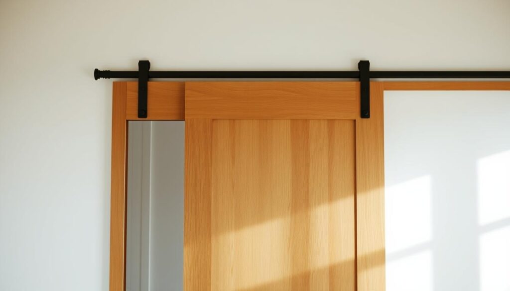 A beautifully crafted wooden sliding door with a sleek, minimalist design. The door is made of rich, warm-toned oak, its smooth surface reflecting the soft, natural lighting that illuminates the space. The frame is precision-engineered, creating a seamless, streamlined appearance as the door glides effortlessly along its track. The door's hardware, such as the handles and rollers, are crafted from high-quality materials, complementing the overall aesthetic. The scene conveys a sense of elegance, functionality, and attention to detail, perfectly suited for a modern, sophisticated living or working environment.