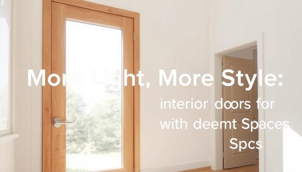 A bright, airy interior with a wooden door featuring a large glass panel, allowing natural light to flood the space. The door's modern, minimalist design complements the clean, contemporary aesthetic of the room. Soft, diffused lighting filters through the glass, creating a warm, inviting atmosphere. The door's sleek lines and the interplay of wood and glass create a harmonious balance, reflecting the section's theme of "More Light, More Style: Interior Doors with Glass Inserts for Modern Spaces."