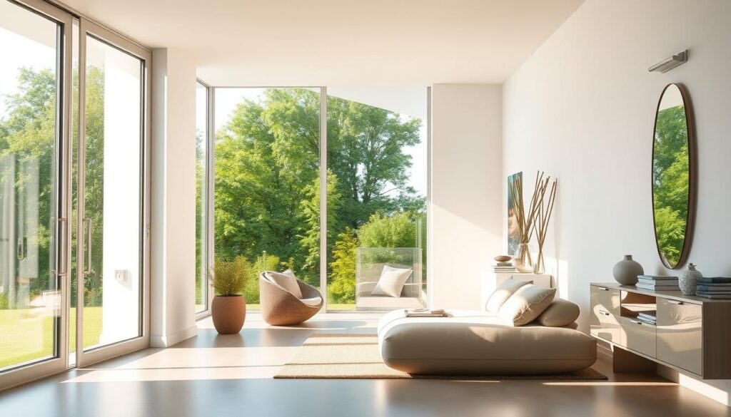 A bright, airy room with a custom glass door in the foreground, letting in abundant natural light. The door's sleek, modern design complements the minimalist decor - clean lines, neutral tones, and strategically placed mirrors and accents that amplify the sense of space. In the middle ground, a cozy seating area invites relaxation, while the background showcases a lush, verdant outdoor view, blurring the boundaries between indoors and out. Soft, diffused illumination casts a warm, tranquil glow throughout, creating an atmosphere of calm and rejuvenation. The overall scene conveys a harmonious balance of design, quality, and a thoughtful connection between the interior and the world beyond.
