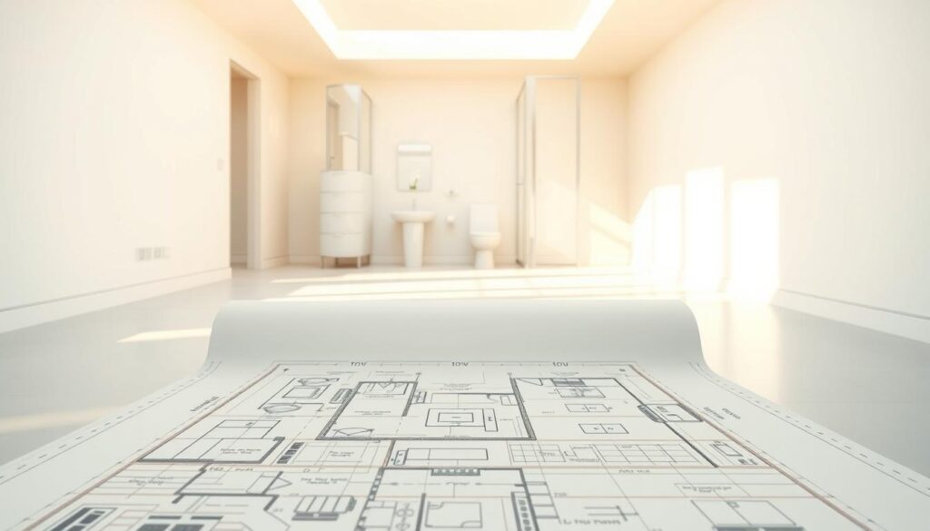 A bright, airy room with warm, natural lighting floods an intricate floor plan layout. In the foreground, a detailed architectural schematic unfolds, showcasing precise measurements and annotations, meticulously documenting the dimensions of a compact bathroom space. The middle ground reveals a 3D perspective of the room, highlighting the strategic placement of key elements like the vanity, toilet, and shower enclosure. In the background, a minimalist color palette sets a serene, contemplative mood, inviting the viewer to envision the transformation of this small, but efficiently designed, bathroom.