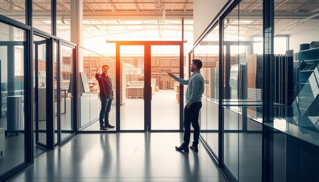 A bright, airy showroom with floor-to-ceiling glass panels showcasing a variety of custom glass doors. The foreground features a sleek, modern glass door in a minimalist frame, its smooth surface reflecting the surrounding space. In the middle ground, a sales associate gestures towards the door, explaining its features to a potential customer. The background reveals an expansive warehouse stocked with glass panels and hardware, hinting at the customization options available. Warm, natural lighting filters in, creating a welcoming atmosphere that invites visitors to explore the possibilities of bespoke glass solutions from Glastuerhop24. A bright, airy showroom with floor-to-ceiling glass panels showcasing a variety of custom glass doors. The foreground features a sleek, modern glass door in a minimalist frame, its smooth surface reflecting the surrounding space. In the middle ground, a sales associate gestures towards the door, explaining its features to a potential customer. The background reveals an expansive warehouse stocked with glass panels and hardware, hinting at the customization options available. Warm, natural lighting filters in, creating a welcoming atmosphere that invites visitors to explore the possibilities of bespoke glass solutions from Glastuerhop24.