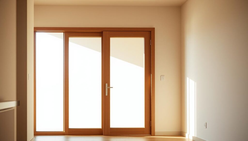 A bright, modern interior with a sleek, wooden framed glass door allowing ample natural light to spill into the room. The minimalist design of the door features a generous, rectangular lichtausschnitt, or glass panel, positioned at eye level, creating an inviting and airy atmosphere. Warm, diffused lighting from the window illuminates the room, casting soft shadows and highlighting the clean lines of the door's elegant silhouette. The walls are painted in a soothing, neutral color palette, complementing the natural textures of the wood and glass. The overall scene exudes a sense of openness, tranquility and refined style, perfectly capturing the essence of the "Mehr Licht, mehr Stil" design concept.