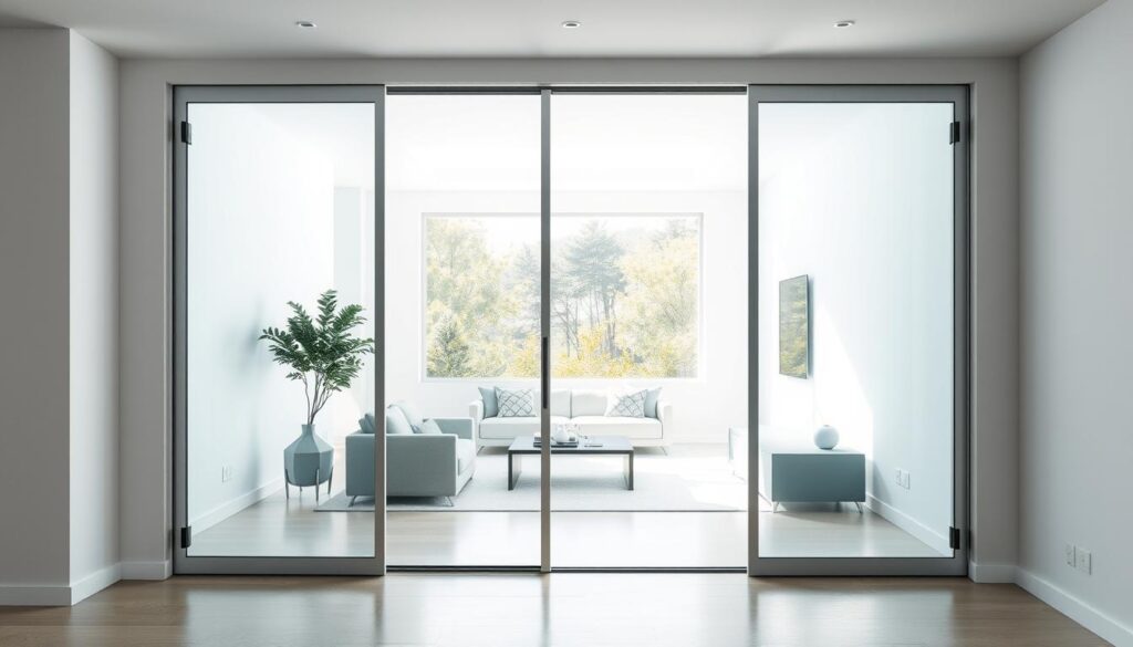 A bright, modern interior with sleek glass sliding doors. The foreground features a pair of full-height, frameless glass panels that seamlessly integrate with the surrounding walls, allowing natural light to flood the space. The middle ground showcases a minimal, contemporary furniture arrangement, creating a harmonious balance between privacy and openness. In the background, glimpses of greenery and soft, diffused lighting add to the serene, elegant atmosphere. The overall composition emphasizes the visual appeal and functional versatility of the glass doors, conveying a sense of refined sophistication and design excellence.