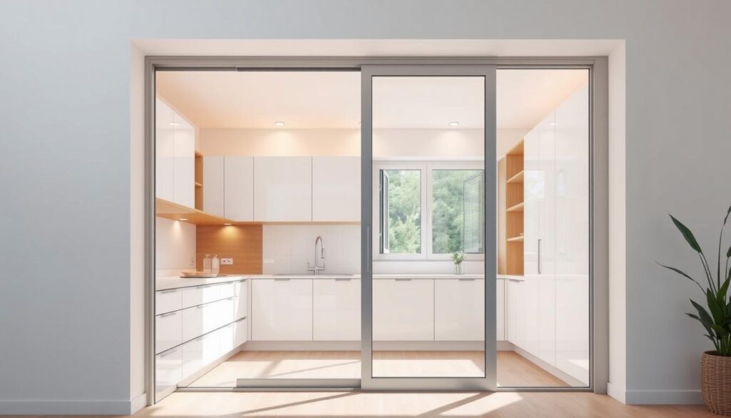 A bright, modern kitchen with a sleek sliding glass door, seamlessly integrated into the room's design. The door's smooth, minimalist frame showcases the transparent pane, allowing natural light to flood the space. The kitchen itself features a clean, minimalist aesthetic, with white cabinets and countertops, accented by warm wood tones. Strategically placed task lighting illuminates the work surfaces, creating a warm, inviting ambiance. The scene conveys a sense of spaciousness and functionality, perfectly suited for the "Einsatzbereiche: Küche, Bad, Wohnzimmer und Nischen smart erschließen" section of the article.