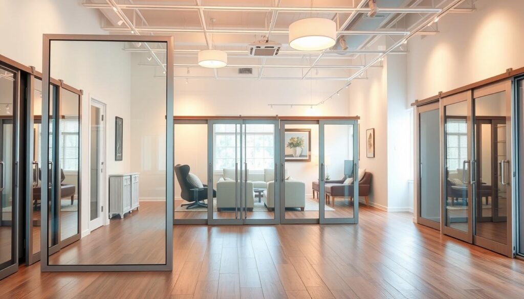 A bright, modern showroom displaying a variety of glass sliding doors in various sizes and designs. The foreground features a sleek, rectangular glass door with a minimalist metal frame, reflecting the room's natural light. In the middle ground, additional glass doors are showcased, each with unique handles and hardware, highlighting their availability and customization options. The background depicts a well-lit, open-concept living space, with clean white walls and hardwood floors, creating a sense of spaciousness and minimalism. Warm, diffused lighting from overhead fixtures casts a soft glow, emphasizing the transparency and elegant simplicity of the glass doors. The overall scene conveys a sense of effortless sophistication and the prompt focuses on the availability and delivery time of the featured products.
