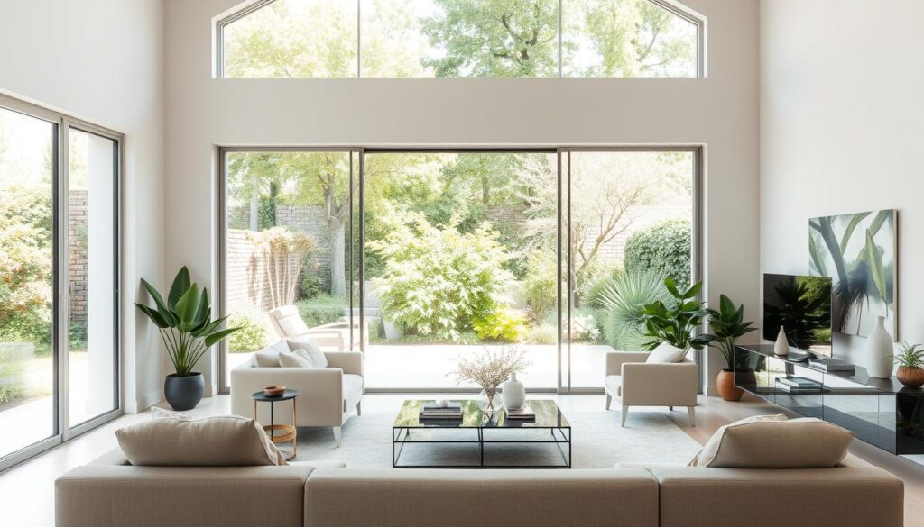 A bright, sun-drenched living room with a large, frameless glass sliding door that seamlessly integrates the indoor and outdoor spaces. The glass panel, devoid of any visible frame or mullions, allows an unobstructed view of the lush garden beyond, flooding the room with natural light. Elegant, minimalist furniture in neutral tones complements the clean, airy aesthetic, while strategically placed plants and subtle decor elements add warmth and a sense of tranquility. The glass door's reflective surface creates a sense of depth and fluidity, blurring the boundaries between inside and out. The overall composition emphasizes the beauty and functionality of the glass door as a key design element that enhances the living space and brings the outdoors in.